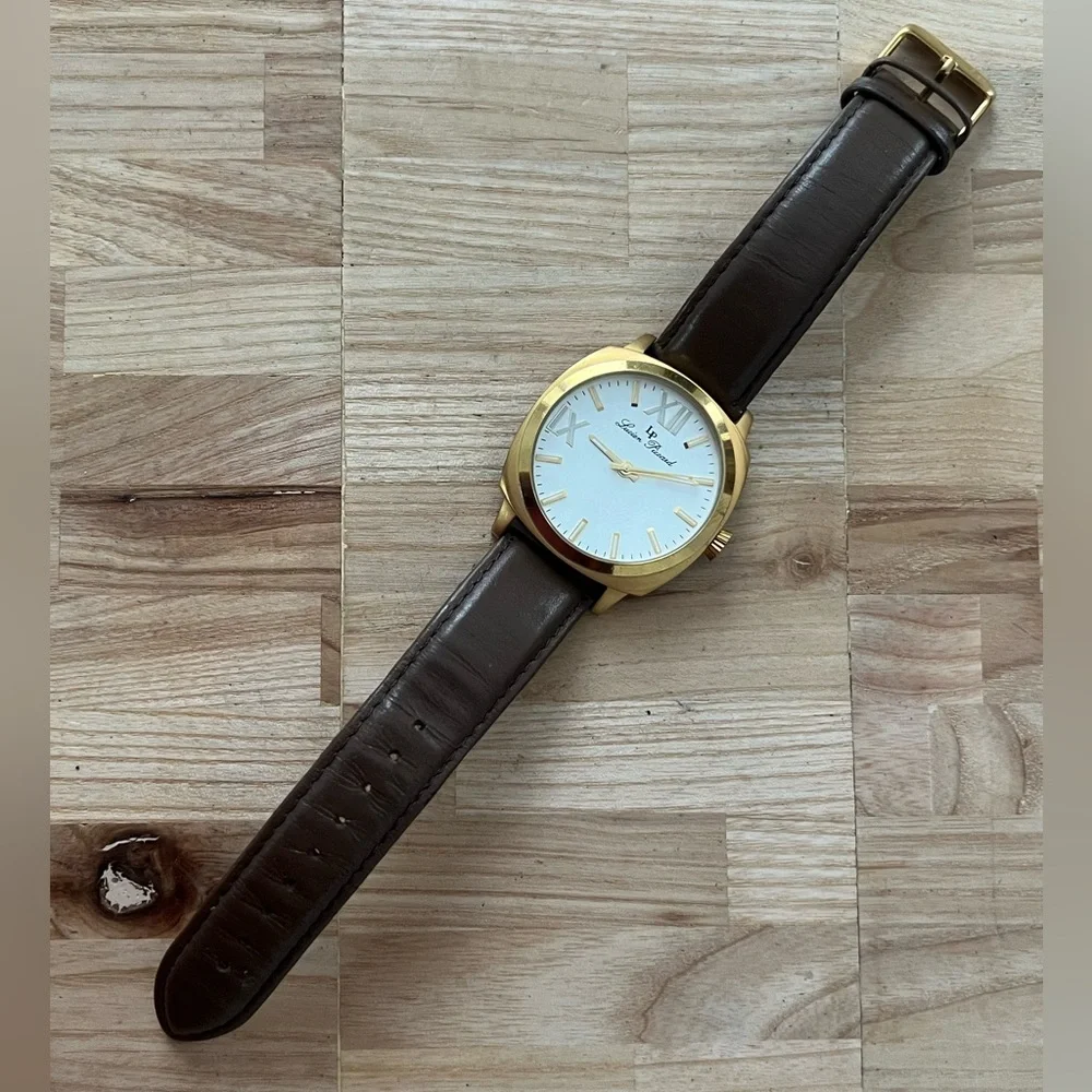 Lucien Piccard Luxury Large Gold-Tone Case Watch Brown Leather Strap White Dial